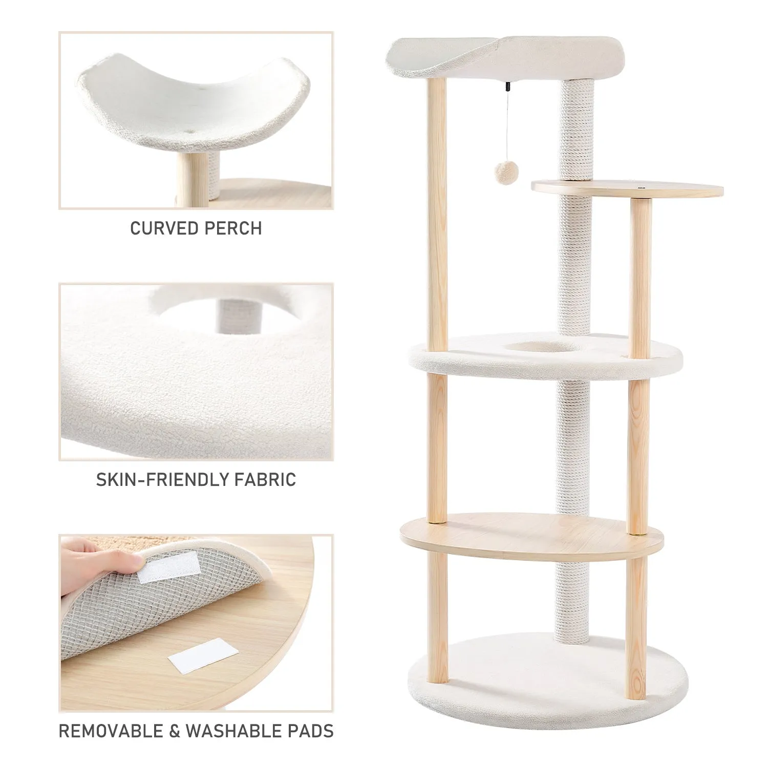49" Multi-Level Cat Tree Modern Cat Tower Wooden Activity Center with Scratching Posts Beige