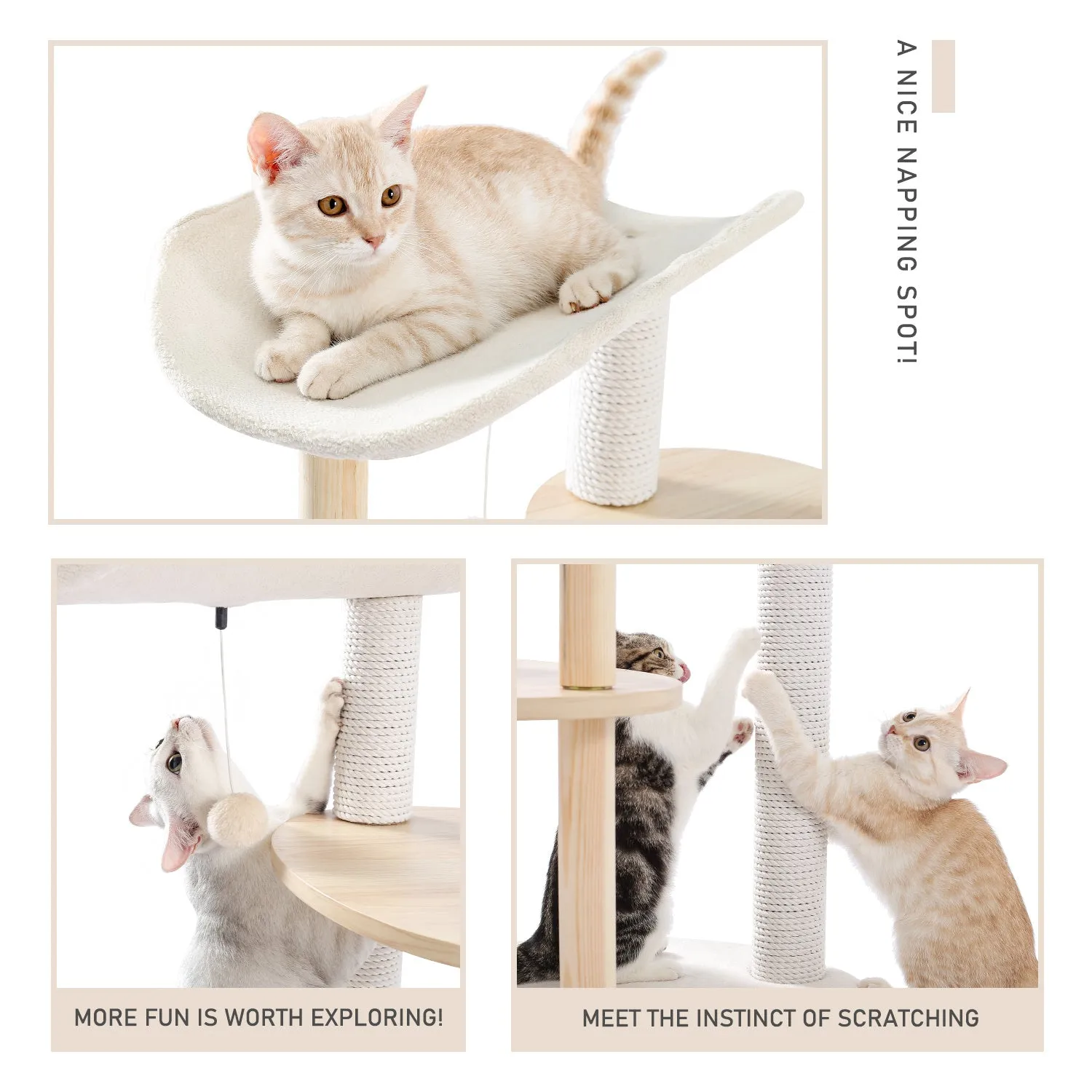 49" Multi-Level Cat Tree Modern Cat Tower Wooden Activity Center with Scratching Posts Beige
