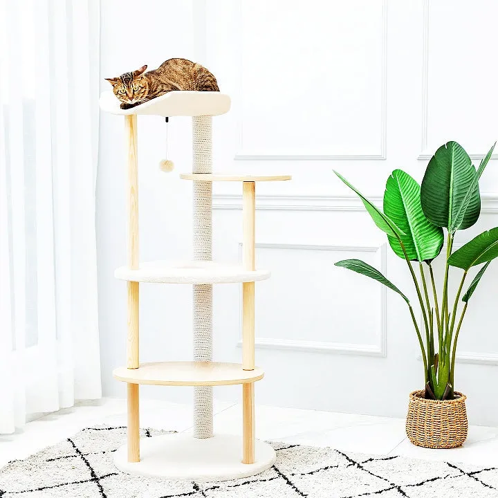 49" Multi-Level Cat Tree Modern Cat Tower Wooden Activity Center with Scratching Posts Beige