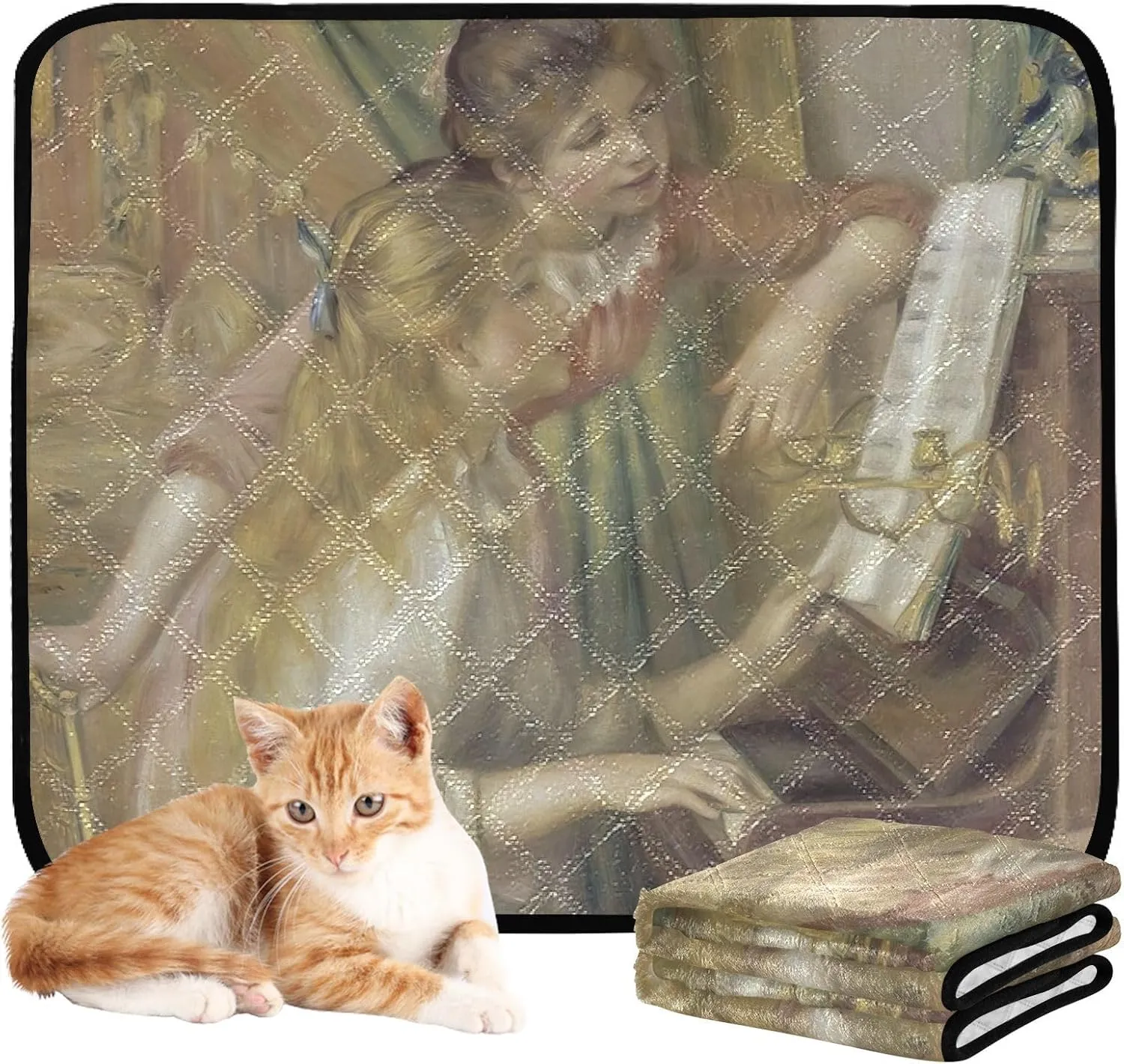 Auguste Renoir Piano Painting Washable Pee Pads for Dogs Waterproof Mat for Dog Crate Reusable Pet Cats Rug Absorbent Whelping Pads, Medium   Large, Set of 2