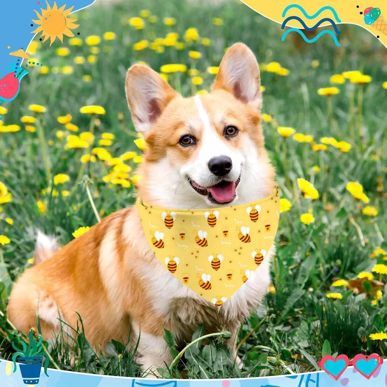 Bee Dog Bandanas, Yellow Floral Honeybee Dog Scarf, Accessories for Medium Large Dogs