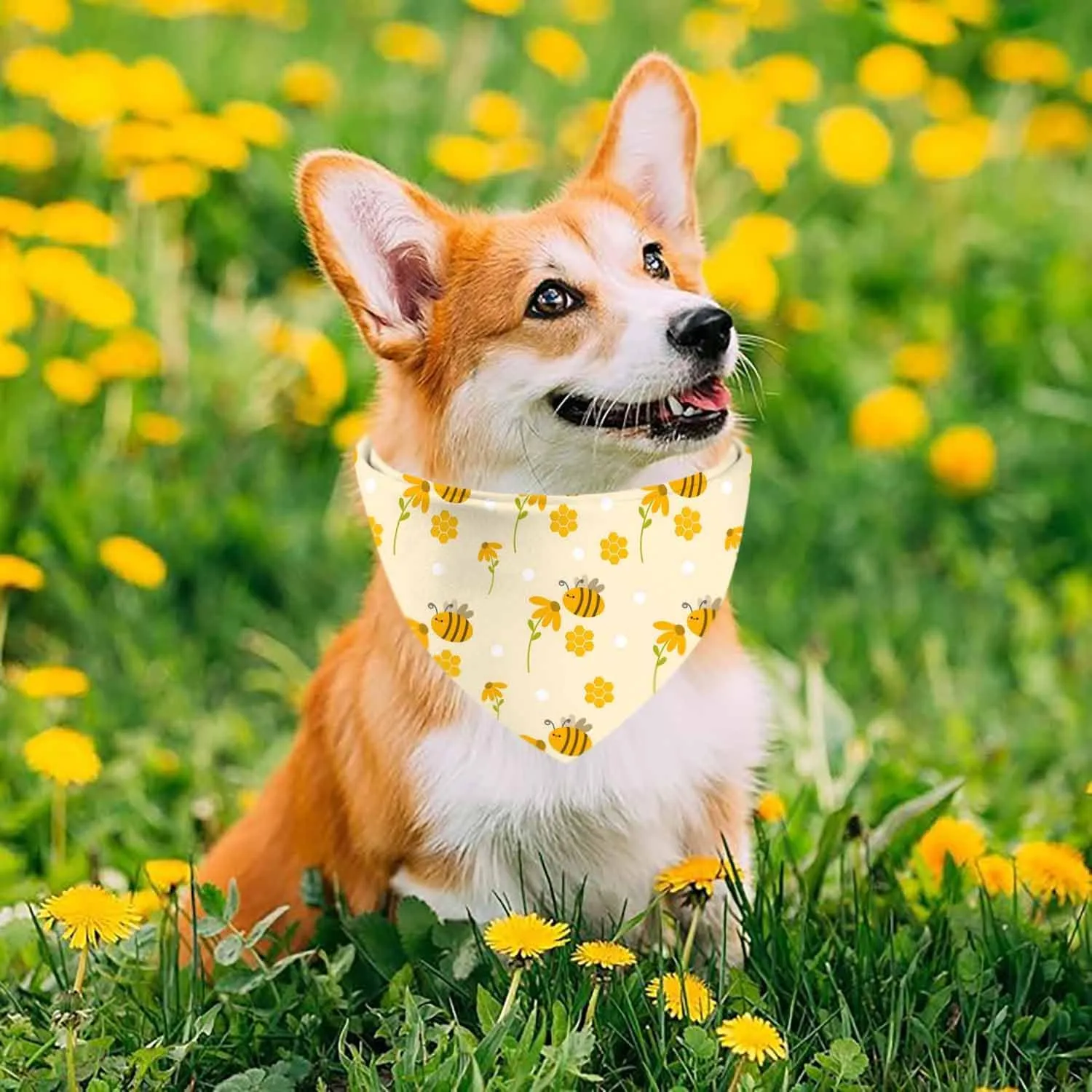 Bee Dog Bandanas, Yellow Floral Honeybee Dog Scarf, Accessories for Medium Large Dogs