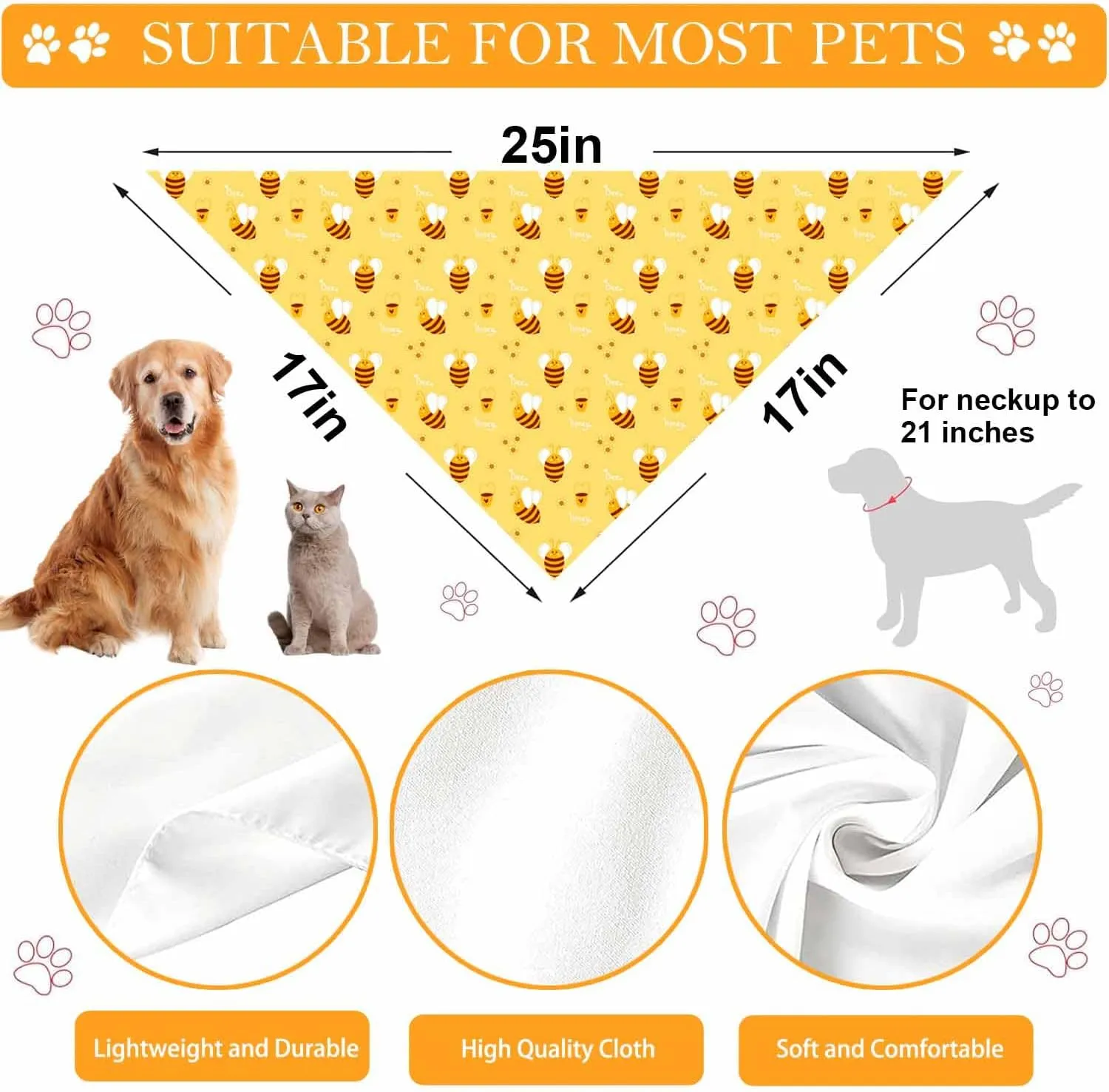 Bee Dog Bandanas, Yellow Floral Honeybee Dog Scarf, Accessories for Medium Large Dogs