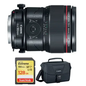 Canon TS-E 90mm f/2.8L Macro Tilt-Shift Lens  with BONUS 128GB Memory Card and Canon Carrying Case Combo  (Special Intl Model)