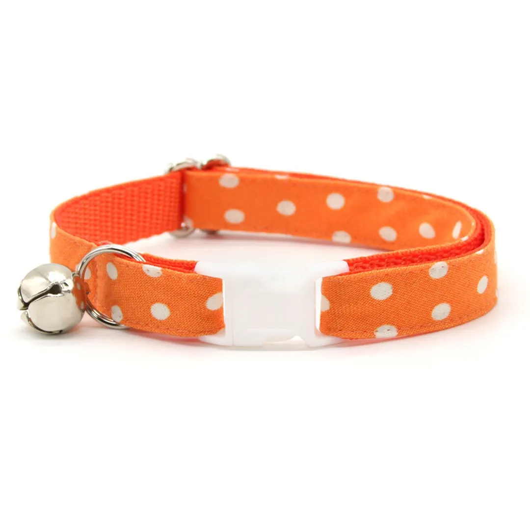 Cat Collar   Flower Set - "Polka Dot - Orange" - Glow In The Dark Cat Collar w/ Pumpkin Felt Flower (Detachable)