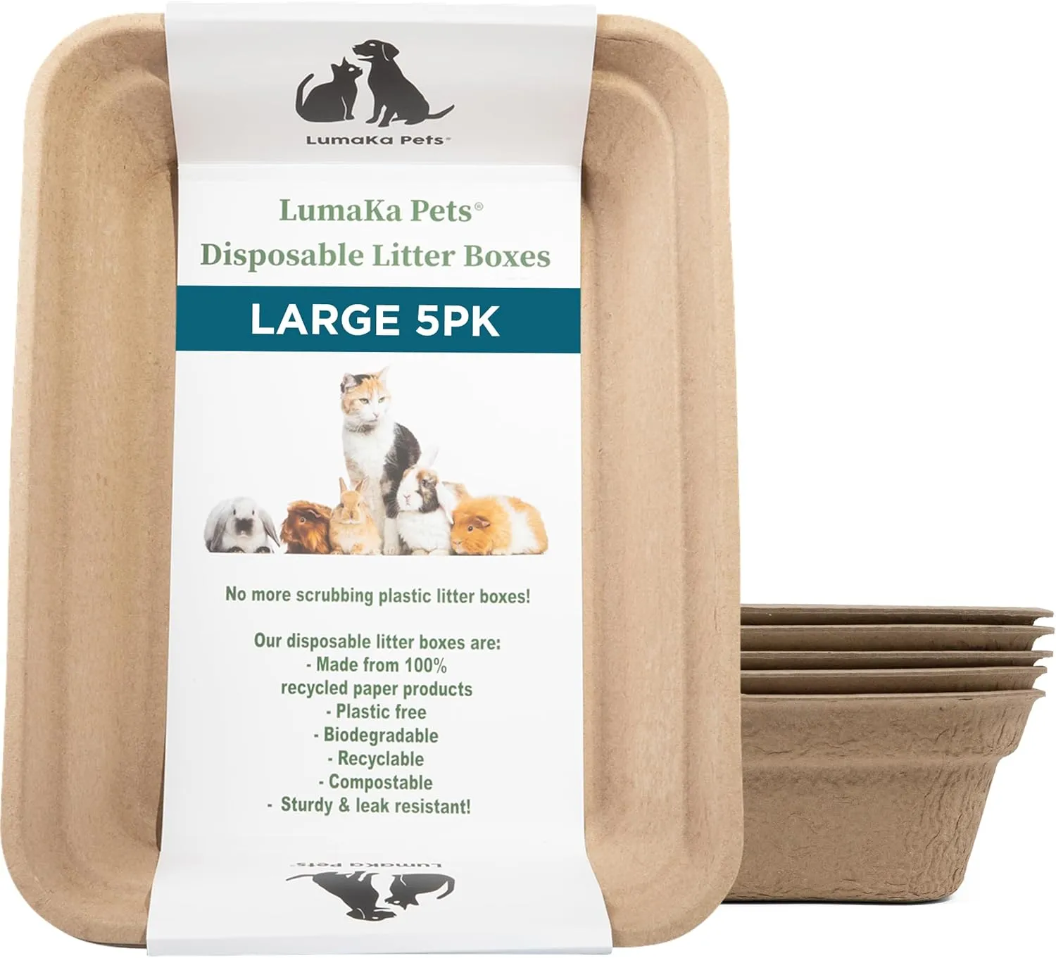 Disposable Litter Box: 5-Pack/Large - Disposable Litter Box for Cats, Rabbits, Guinea Pigs, or Travel - Extra Thick, Very Sturdy, Odor & Leak Resistant & Biodegradable
