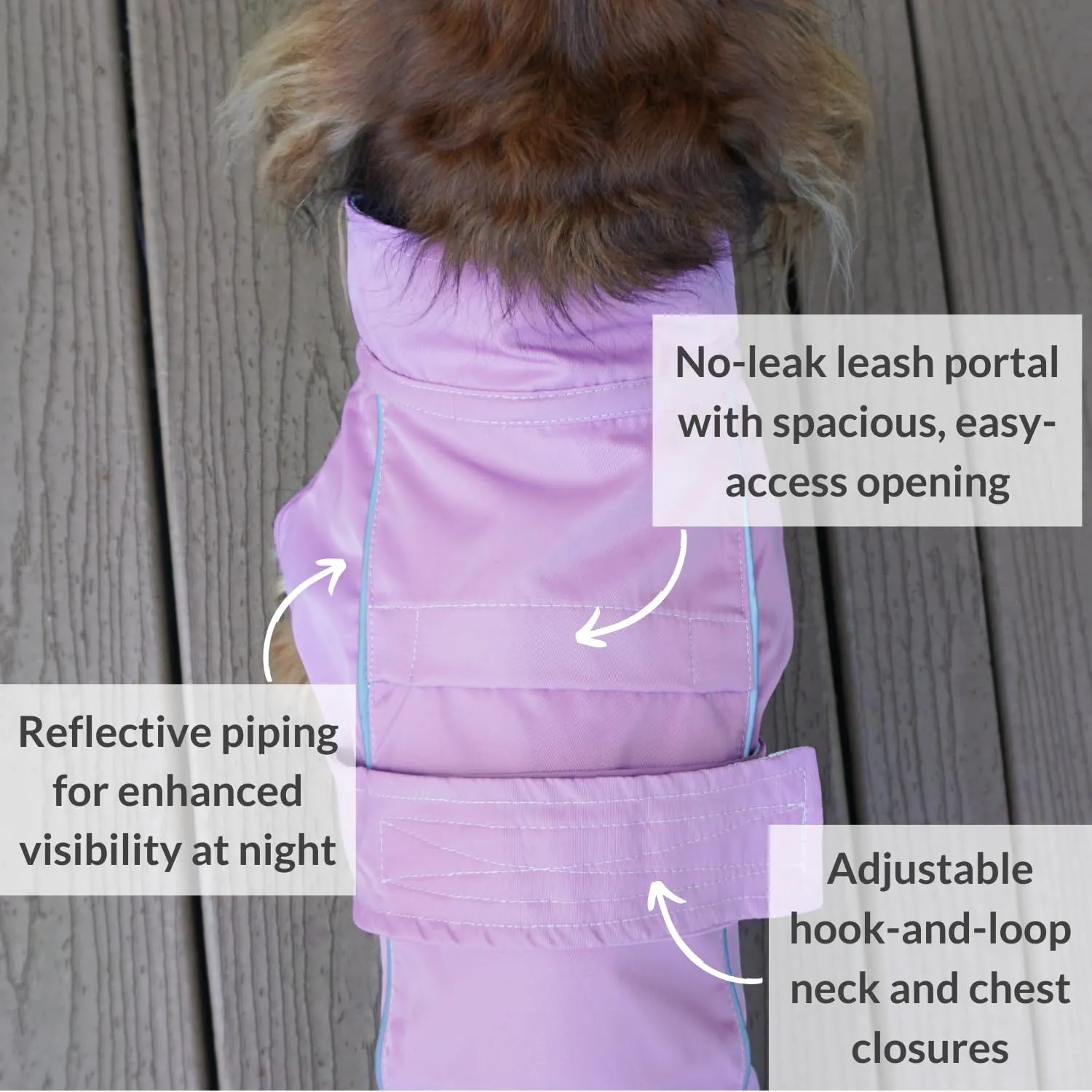DJANGO City Slicker Waterproof Dog Raincoat and Lightweight Jacket for Long Dogs - Full Coverage Puppy Coat and Reflective Rain Slicker and Windbreaker - Adjustable with Harness Hole (Purple, Medium)