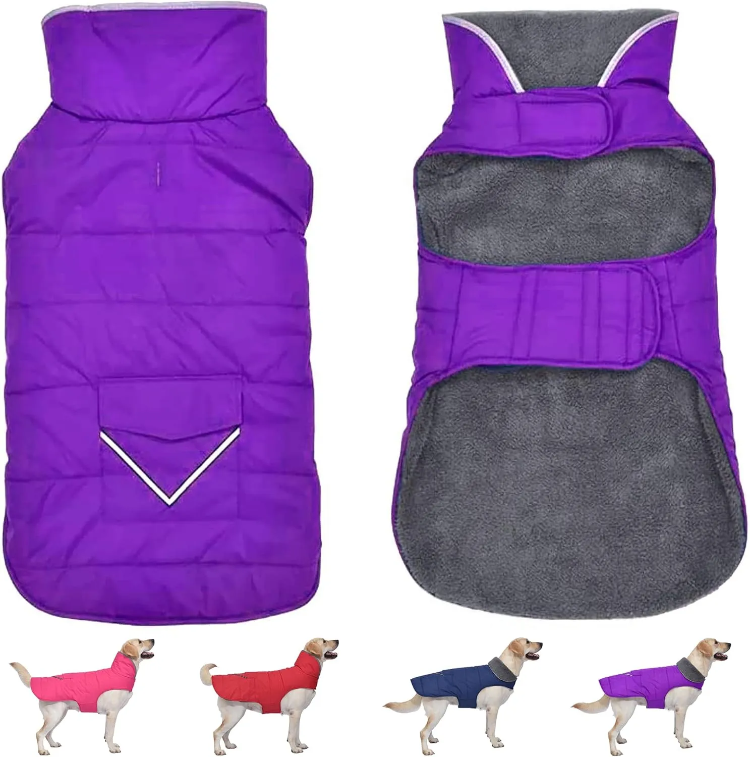 Dog Coat - Waterproof Winter Jacket with Pocket, Reflective Adjustable Snow Vest, Warm Cozy Fleece Sweater for Small to Extra Large Dogs - Purple, XS