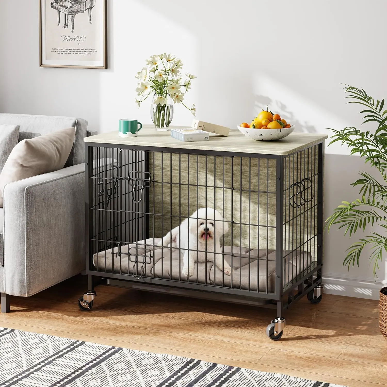 Dog Crate Furniture for Small Dogs, 27.2" Indoor Kennel with Double Doors, Wheels & Removable Tray, Sturdy Dog Cage with Easy Assembly, Grey & Black