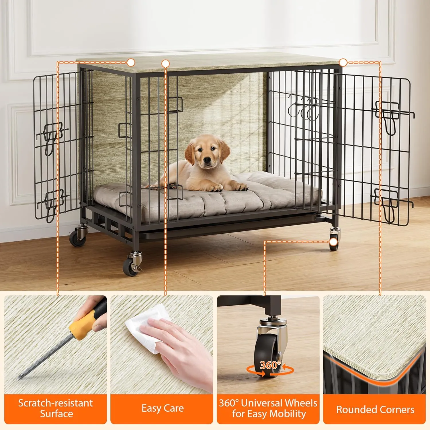 Dog Crate Furniture for Small Dogs, 27.2" Indoor Kennel with Double Doors, Wheels & Removable Tray, Sturdy Dog Cage with Easy Assembly, Grey & Black