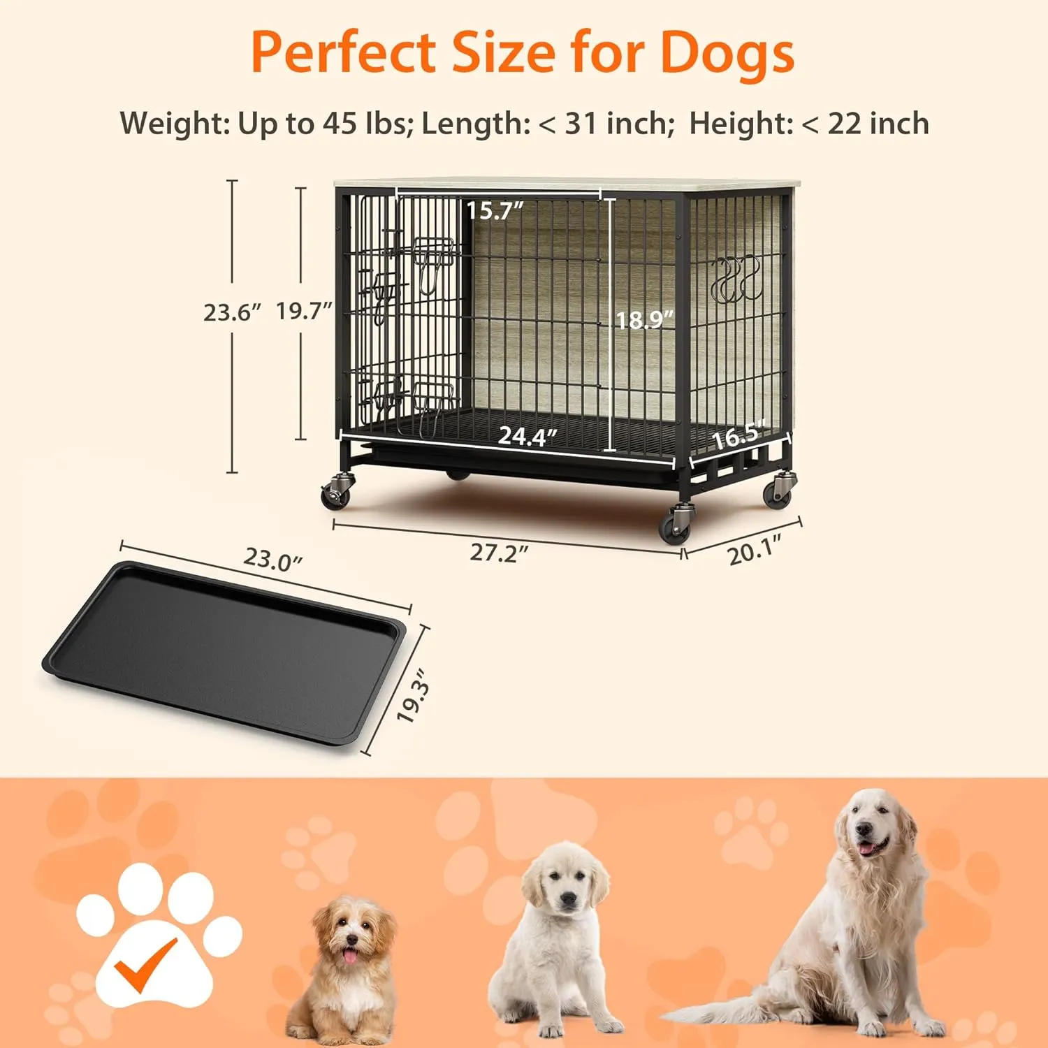 Dog Crate Furniture for Small Dogs, 27.2" Indoor Kennel with Double Doors, Wheels & Removable Tray, Sturdy Dog Cage with Easy Assembly, Grey & Black