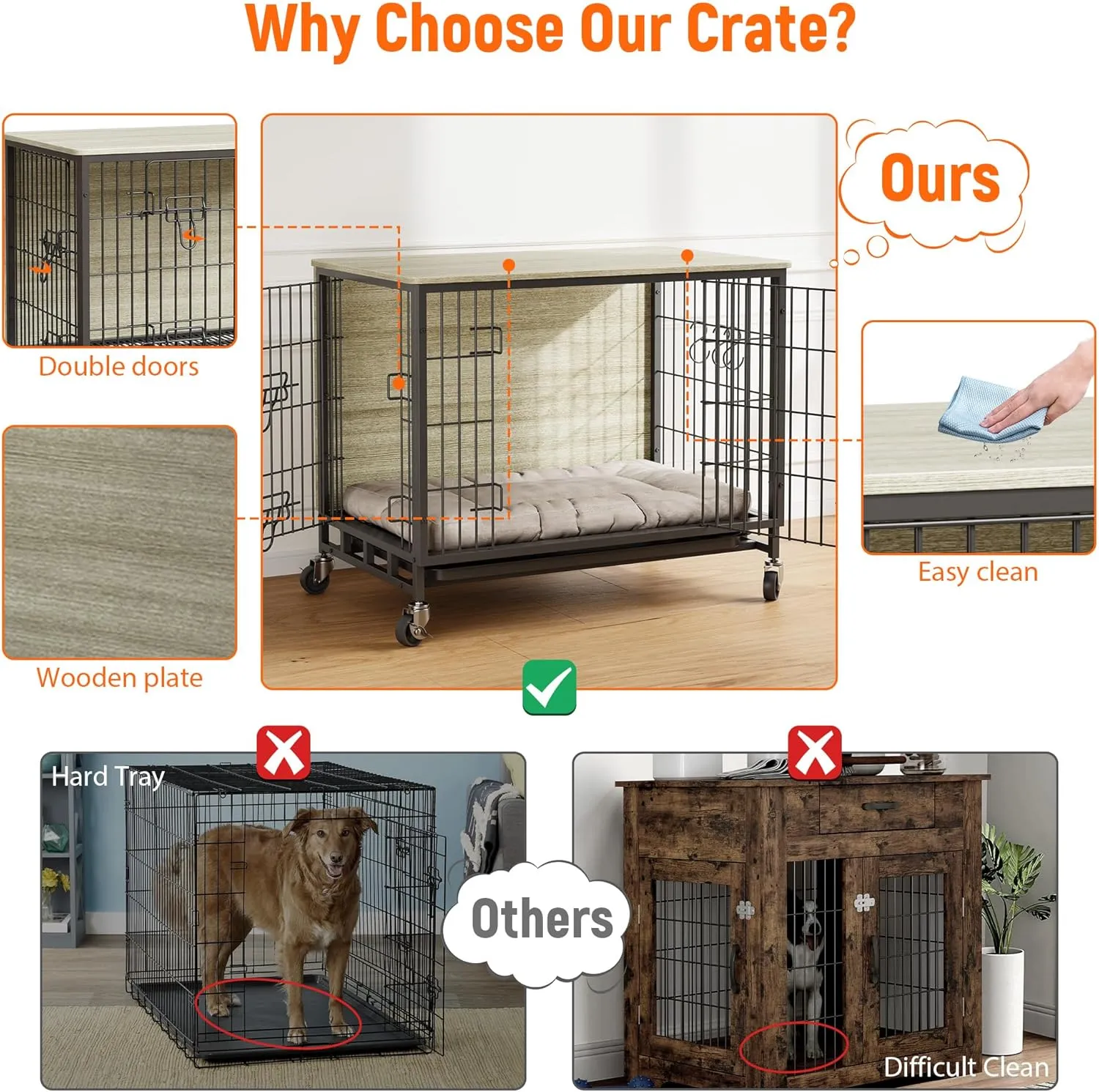 Dog Crate Furniture for Small Dogs, 27.2" Indoor Kennel with Double Doors, Wheels & Removable Tray, Sturdy Dog Cage with Easy Assembly, Grey & Black