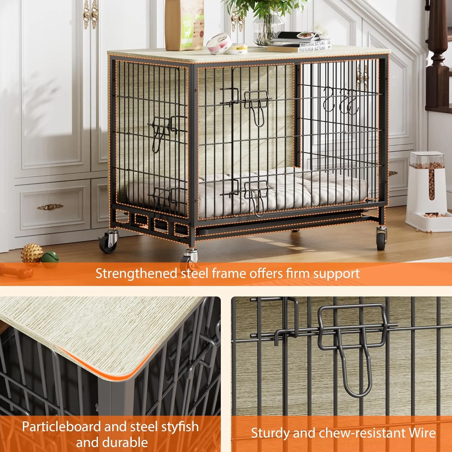 Dog Crate Furniture for Small Dogs, 27.2" Indoor Kennel with Double Doors, Wheels & Removable Tray, Sturdy Dog Cage with Easy Assembly, Grey & Black