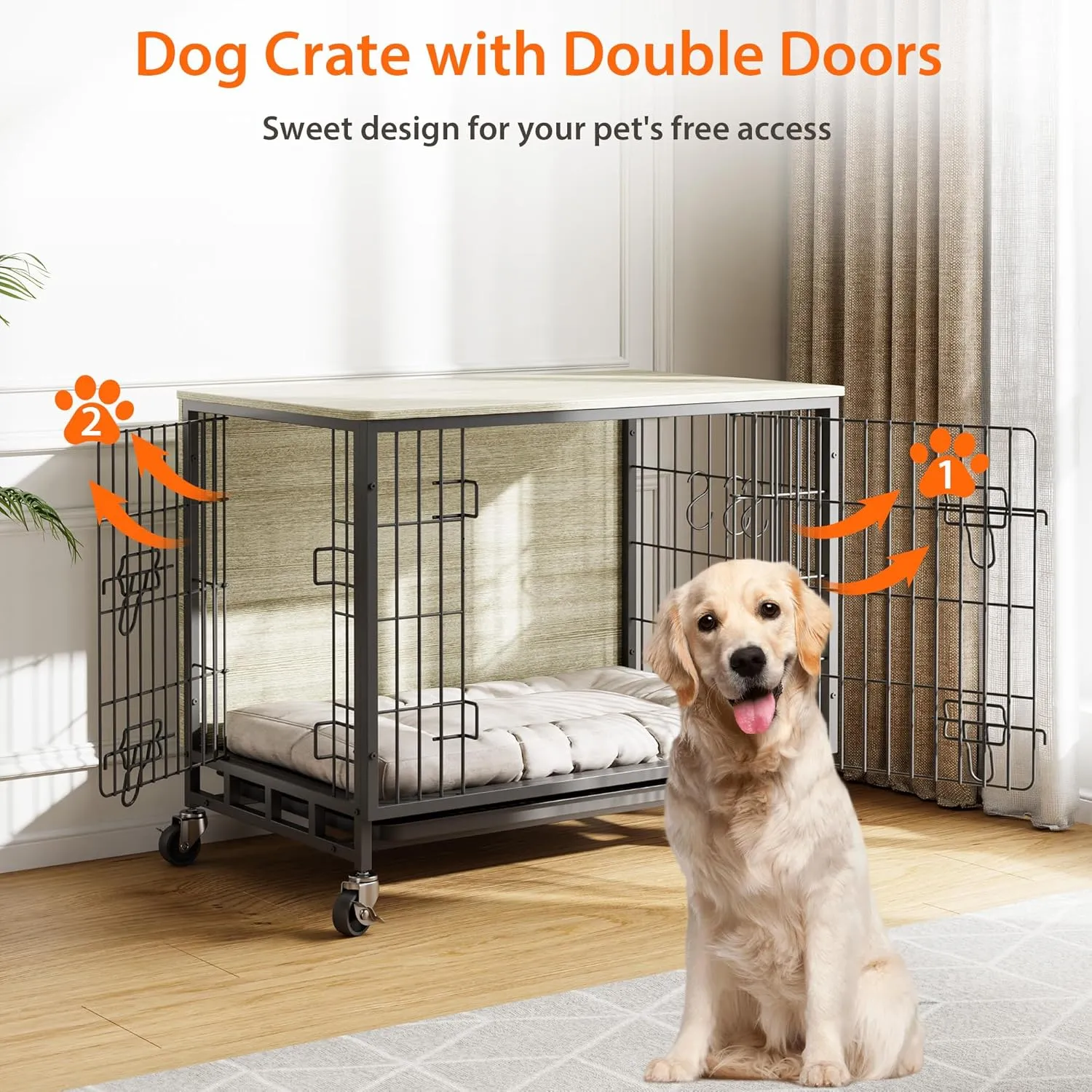 Dog Crate Furniture for Small Dogs, 27.2" Indoor Kennel with Double Doors, Wheels & Removable Tray, Sturdy Dog Cage with Easy Assembly, Grey & Black