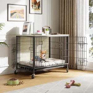 Dog Crate Furniture for Small Dogs, 27.2" Indoor Kennel with Double Doors, Wheels & Removable Tray, Sturdy Dog Cage with Easy Assembly, Grey & Black