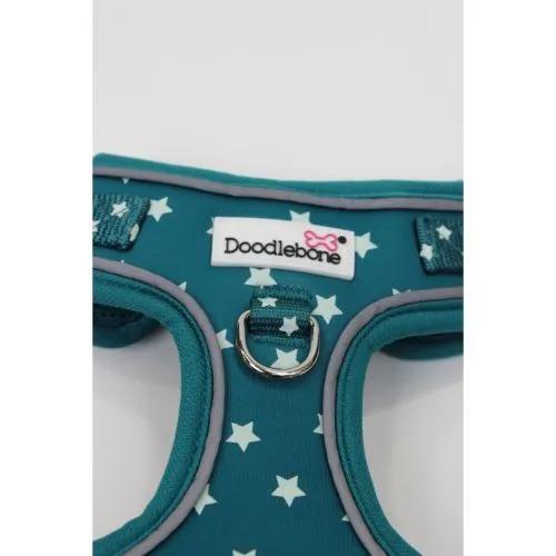 Doodlebone Adjustable Airmesh Pattern Dog Harness Teal Stars Glow in the Dark Size 3-5