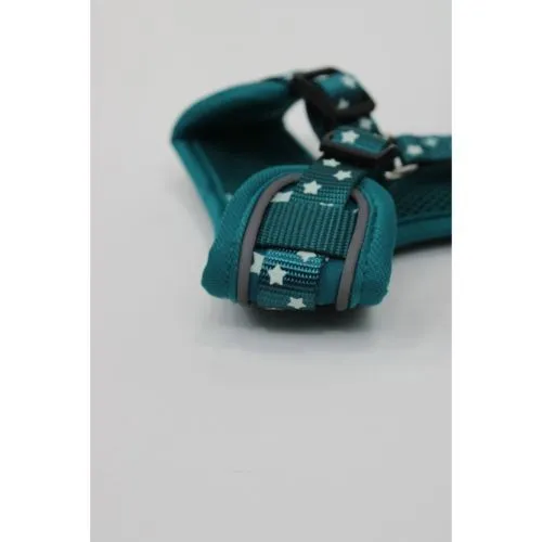 Doodlebone Adjustable Airmesh Pattern Dog Harness Teal Stars Glow in the Dark Size 3-5