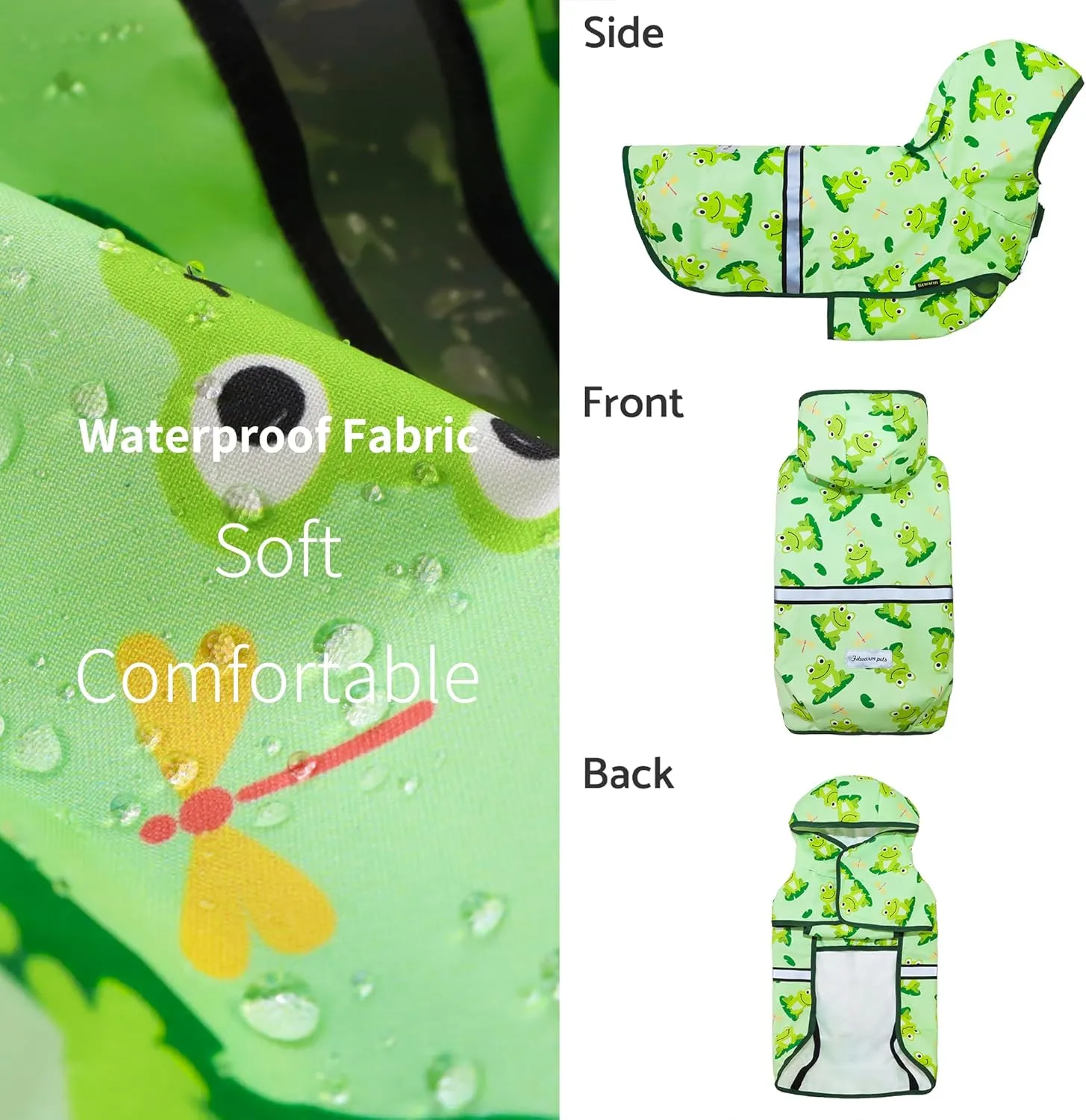 Fitwarm Funny Frog Dog Raincoat with Hood, Waterproof Rain Jacket for Small Dogs Boy Girl, Reflective Pet Poncho with Harness Hole, Packable, Adjustable, Green, Large
