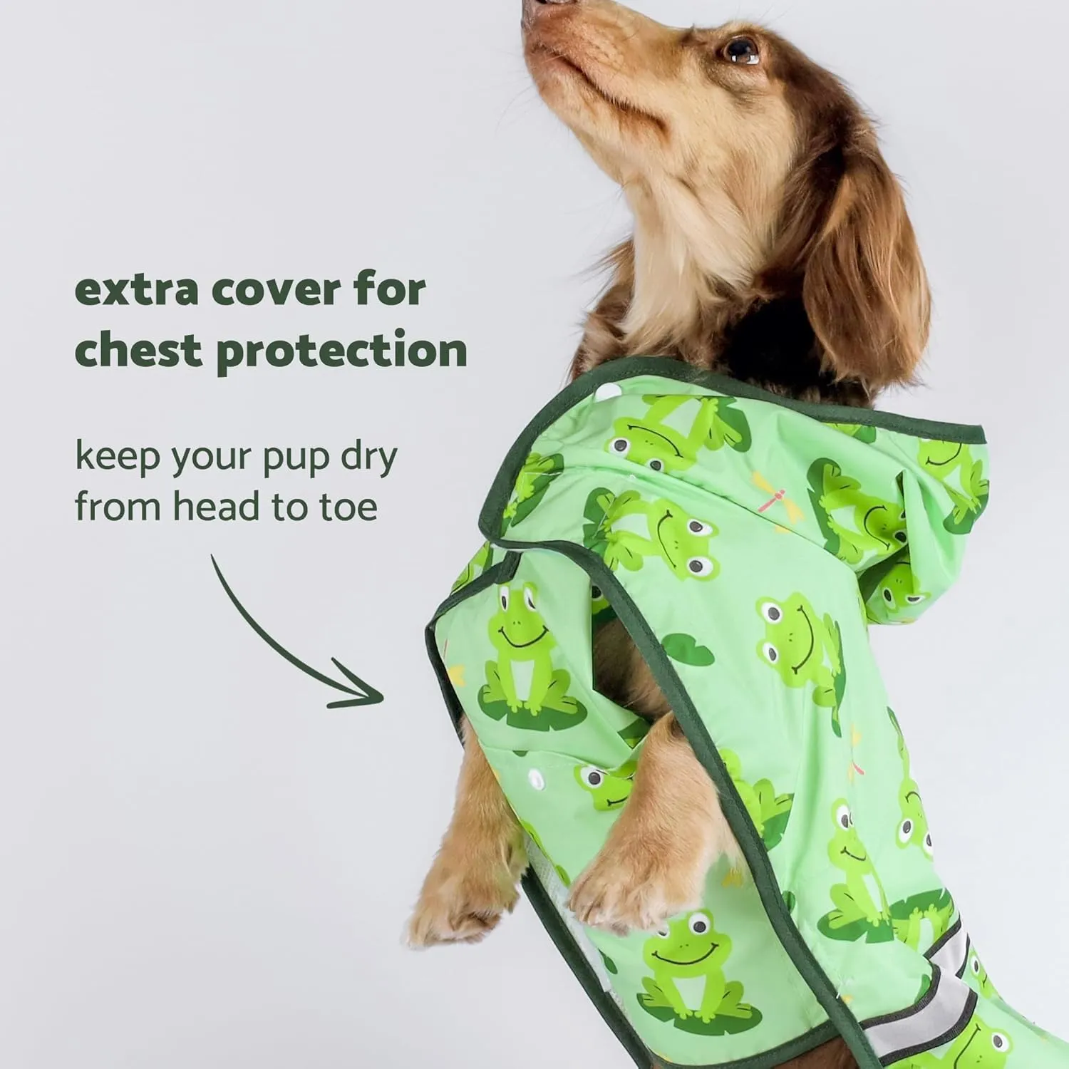 Fitwarm Funny Frog Dog Raincoat with Hood, Waterproof Rain Jacket for Small Dogs Boy Girl, Reflective Pet Poncho with Harness Hole, Packable, Adjustable, Green, Large