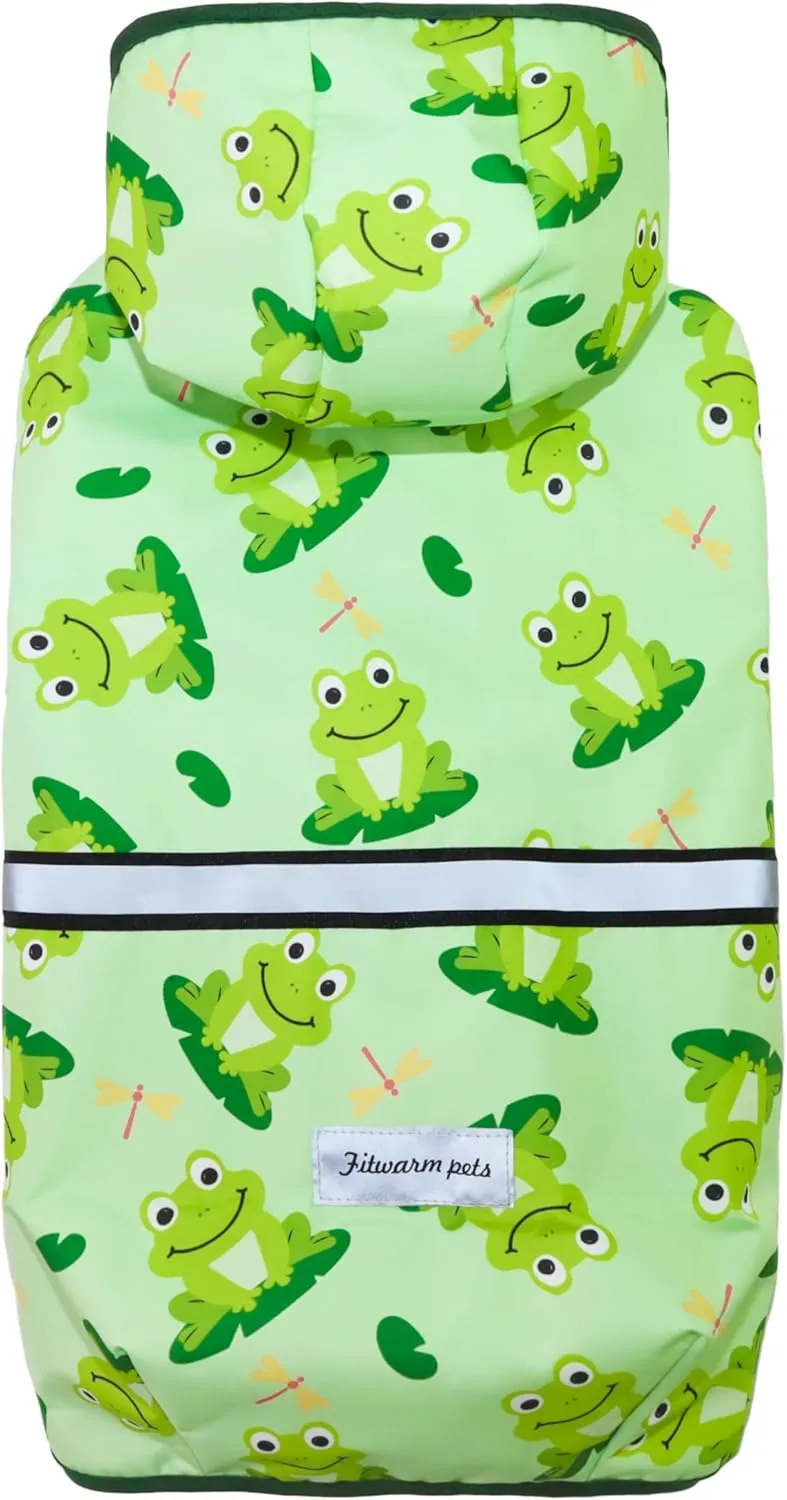 Fitwarm Funny Frog Dog Raincoat with Hood, Waterproof Rain Jacket for Small Dogs Boy Girl, Reflective Pet Poncho with Harness Hole, Packable, Adjustable, Green, Large