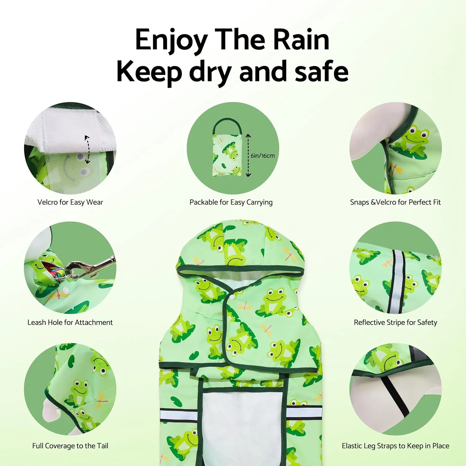 Fitwarm Funny Frog Dog Raincoat with Hood, Waterproof Rain Jacket for Small Dogs Boy Girl, Reflective Pet Poncho with Harness Hole, Packable, Adjustable, Green, Large