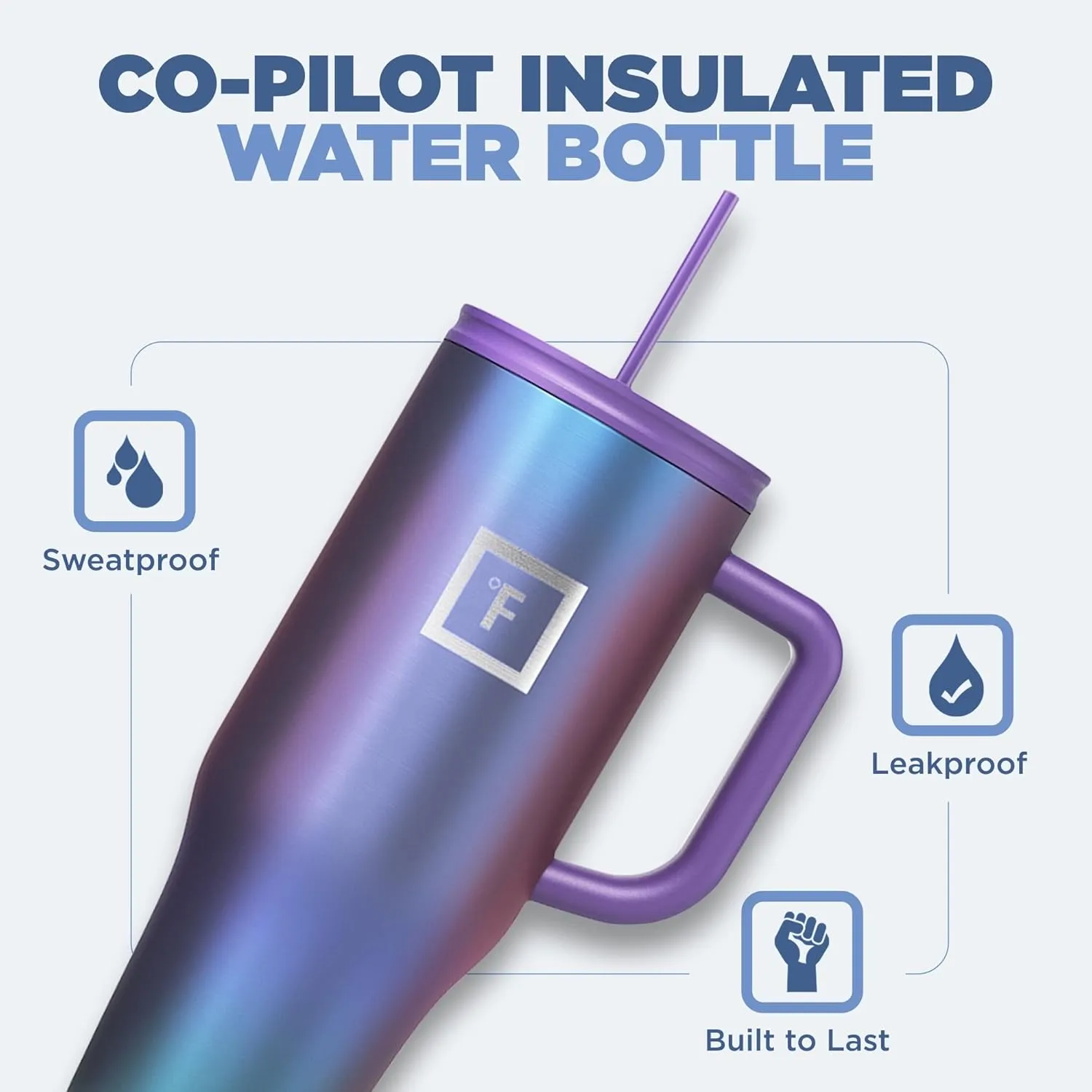 IRON FLASK Co-Pilot Insulated Mug w/Straw & Flip Cap Lids - Cup Holder Bottle for Hot, Cold Drink - Leak-Proof - Water, Coffee Portable Travel Mug - Aurora, 40 Oz