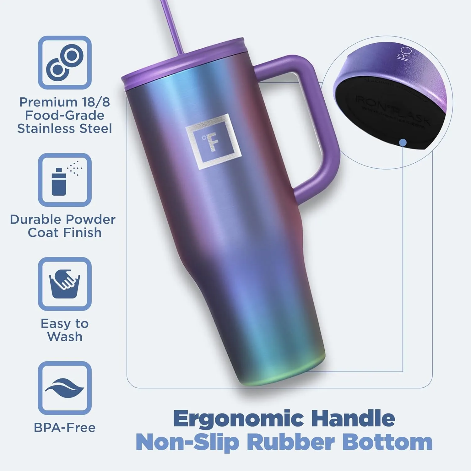 IRON FLASK Co-Pilot Insulated Mug w/Straw & Flip Cap Lids - Cup Holder Bottle for Hot, Cold Drink - Leak-Proof - Water, Coffee Portable Travel Mug - Aurora, 40 Oz