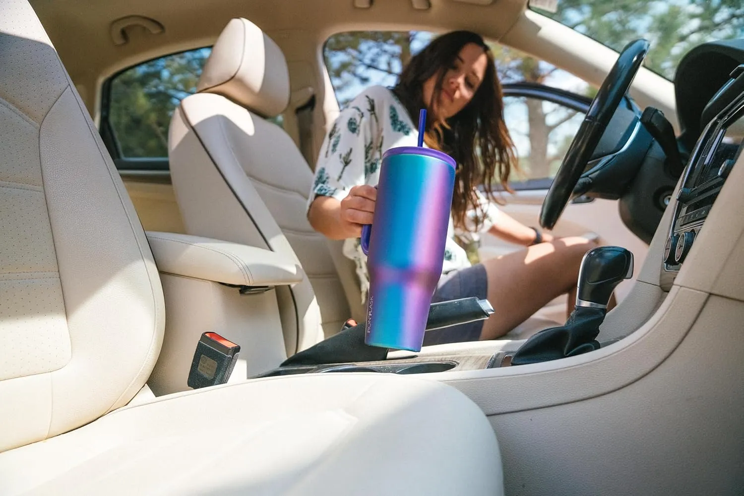 IRON FLASK Co-Pilot Insulated Mug w/Straw & Flip Cap Lids - Cup Holder Bottle for Hot, Cold Drink - Leak-Proof - Water, Coffee Portable Travel Mug - Aurora, 40 Oz