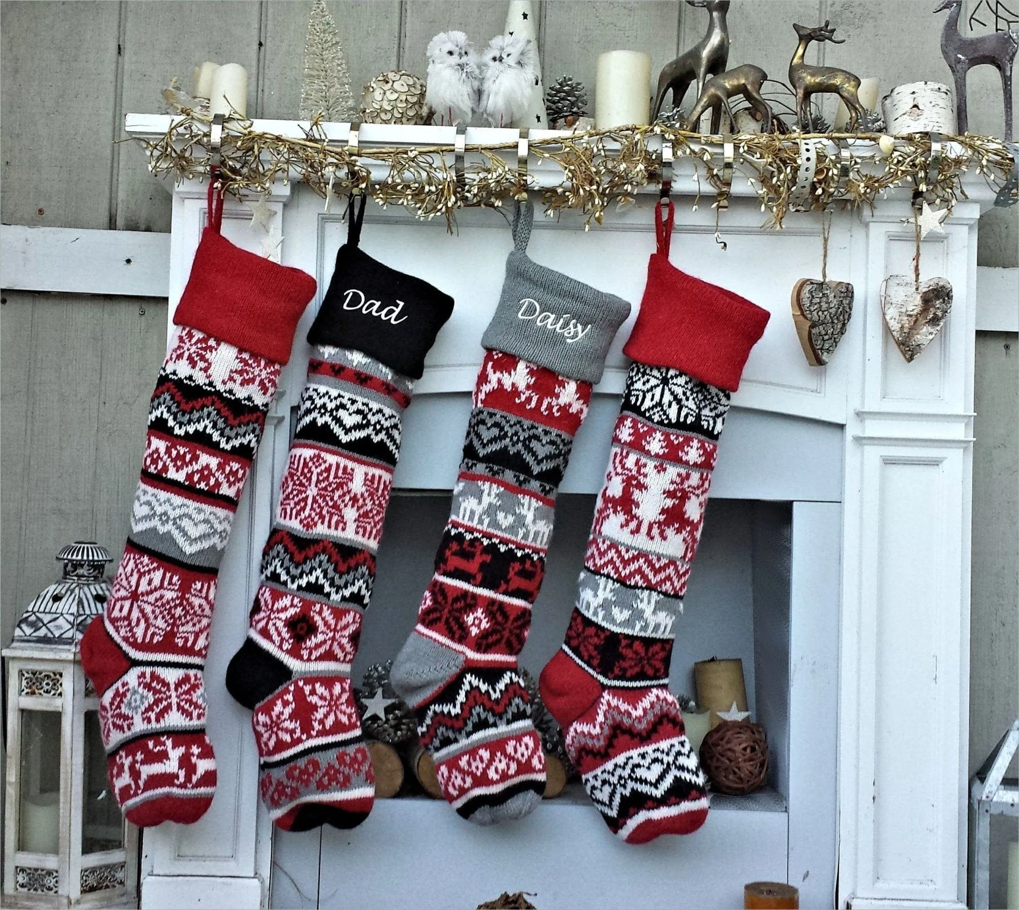 Large Personalized Knitted Christmas Stockings Black Red Grey White Intarsia Fair Isle Nordic Modern Christmas Stocking Decor for Holidays