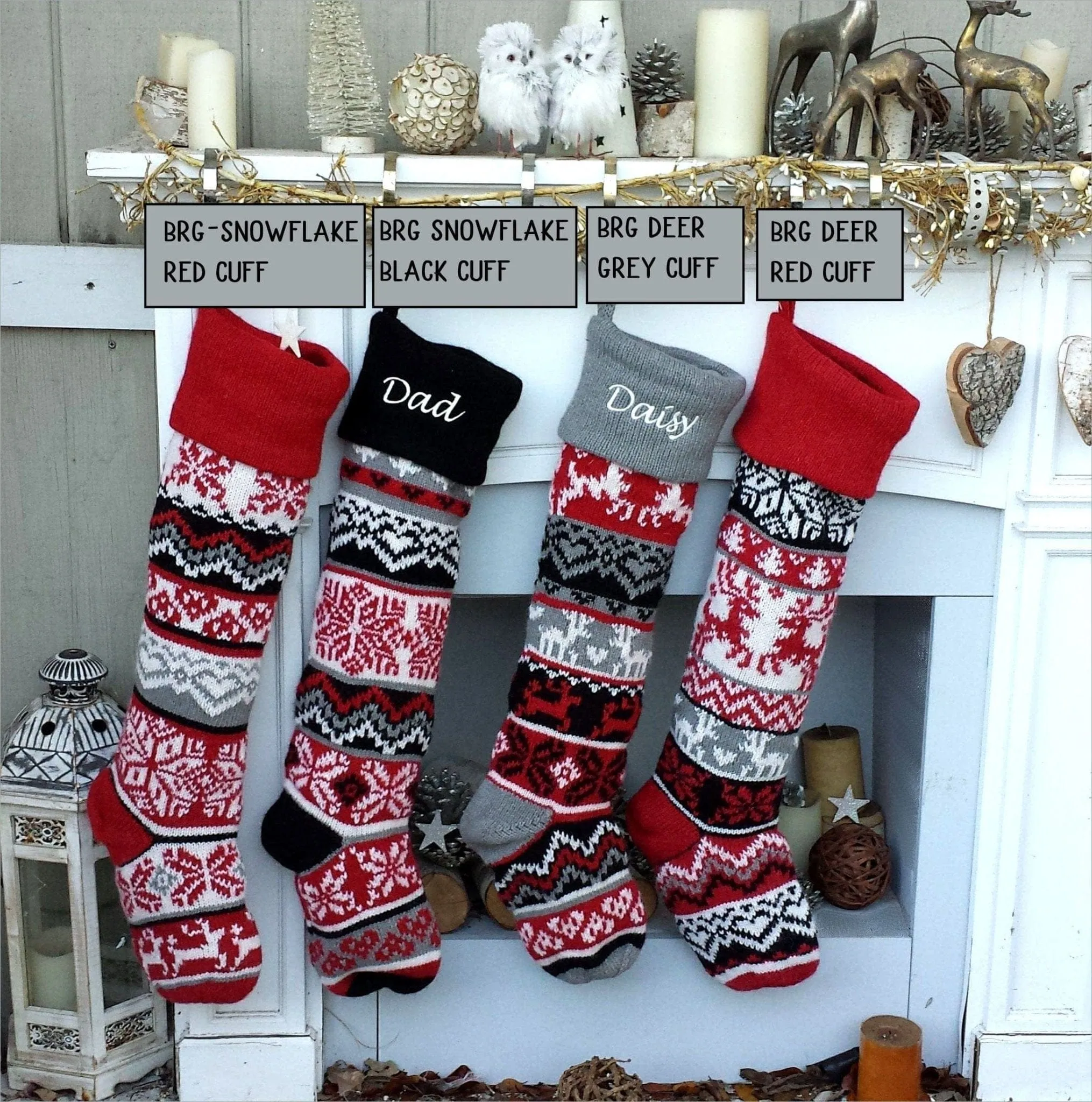 Large Personalized Knitted Christmas Stockings Black Red Grey White Intarsia Fair Isle Nordic Modern Christmas Stocking Decor for Holidays