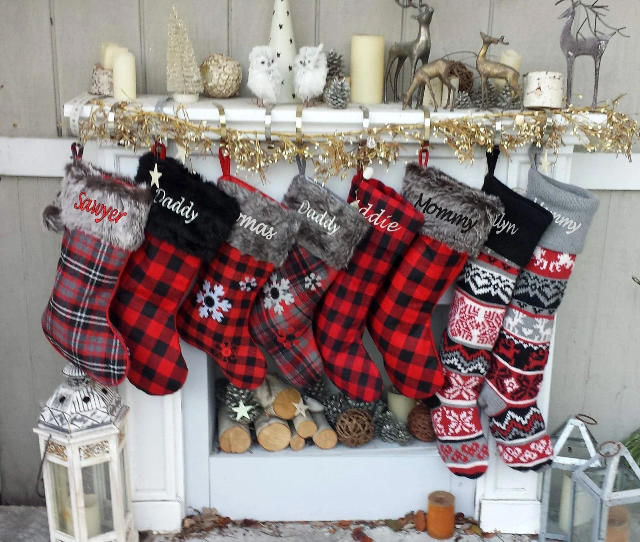 Large Personalized Knitted Christmas Stockings Black Red Grey White Intarsia Fair Isle Nordic Modern Christmas Stocking Decor for Holidays