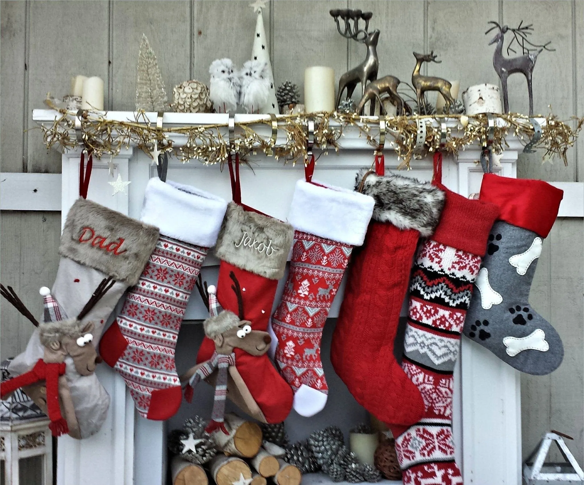 Large Personalized Knitted Christmas Stockings Black Red Grey White Intarsia Fair Isle Nordic Modern Christmas Stocking Decor for Holidays