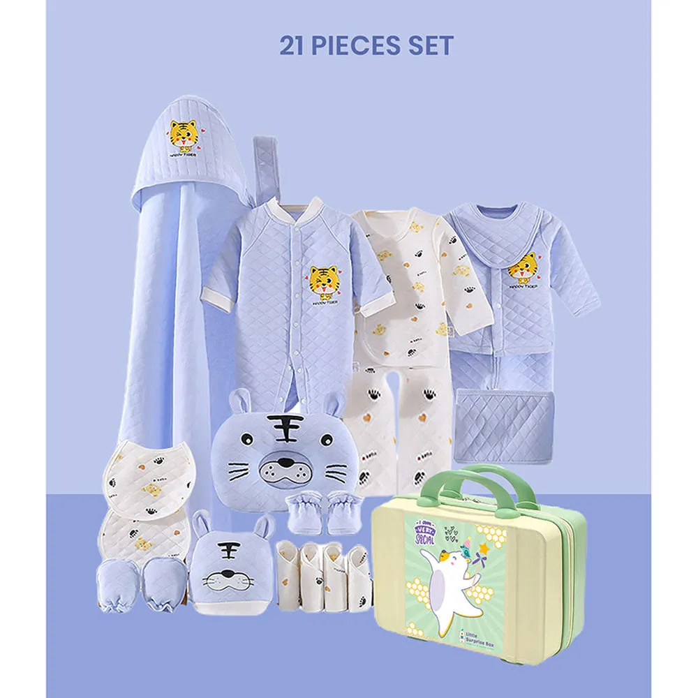 Little Surprise Box 21 Pcs Winter Wear Baby Blue Tiger Newborn Baby Girl/ Boy Gift Hamper With Suitcase