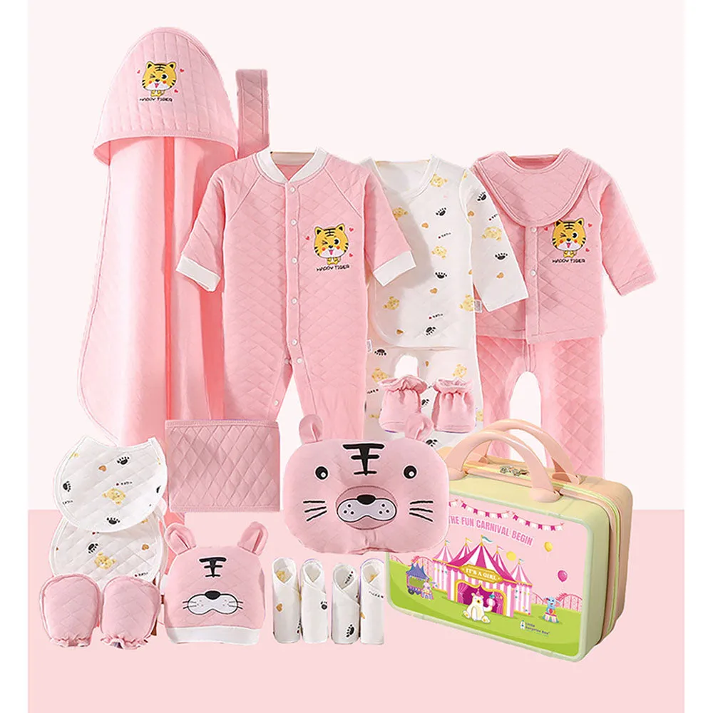 Little Surprise Box 21 Pcs Winter Wear Baby Pink Tiger Newborn Baby Girl/ Boy Gift Hamper With Suitcase