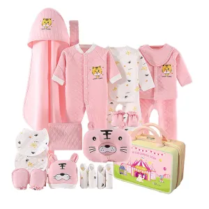Little Surprise Box 21 Pcs Winter Wear Baby Pink Tiger Newborn Baby Girl/ Boy Gift Hamper With Suitcase