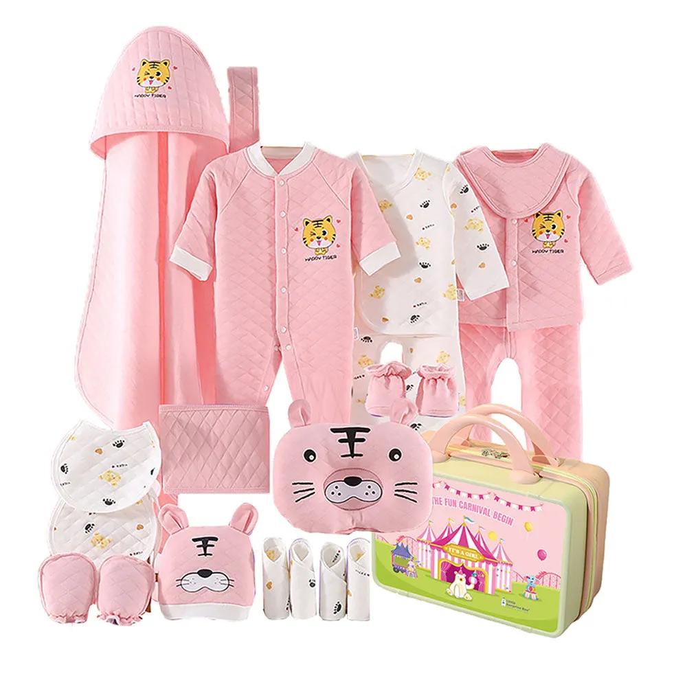 Little Surprise Box 21 Pcs Winter Wear Baby Pink Tiger Newborn Baby Girl/ Boy Gift Hamper With Suitcase