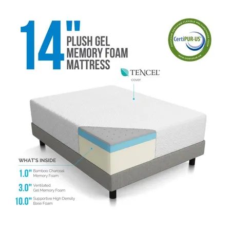 Lucid 14" Plush Memory Foam Mattress, Four-Layer, Multiple Sizes