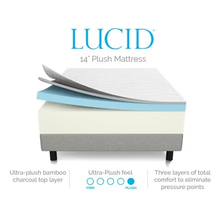 Lucid 14" Plush Memory Foam Mattress, Four-Layer, Multiple Sizes