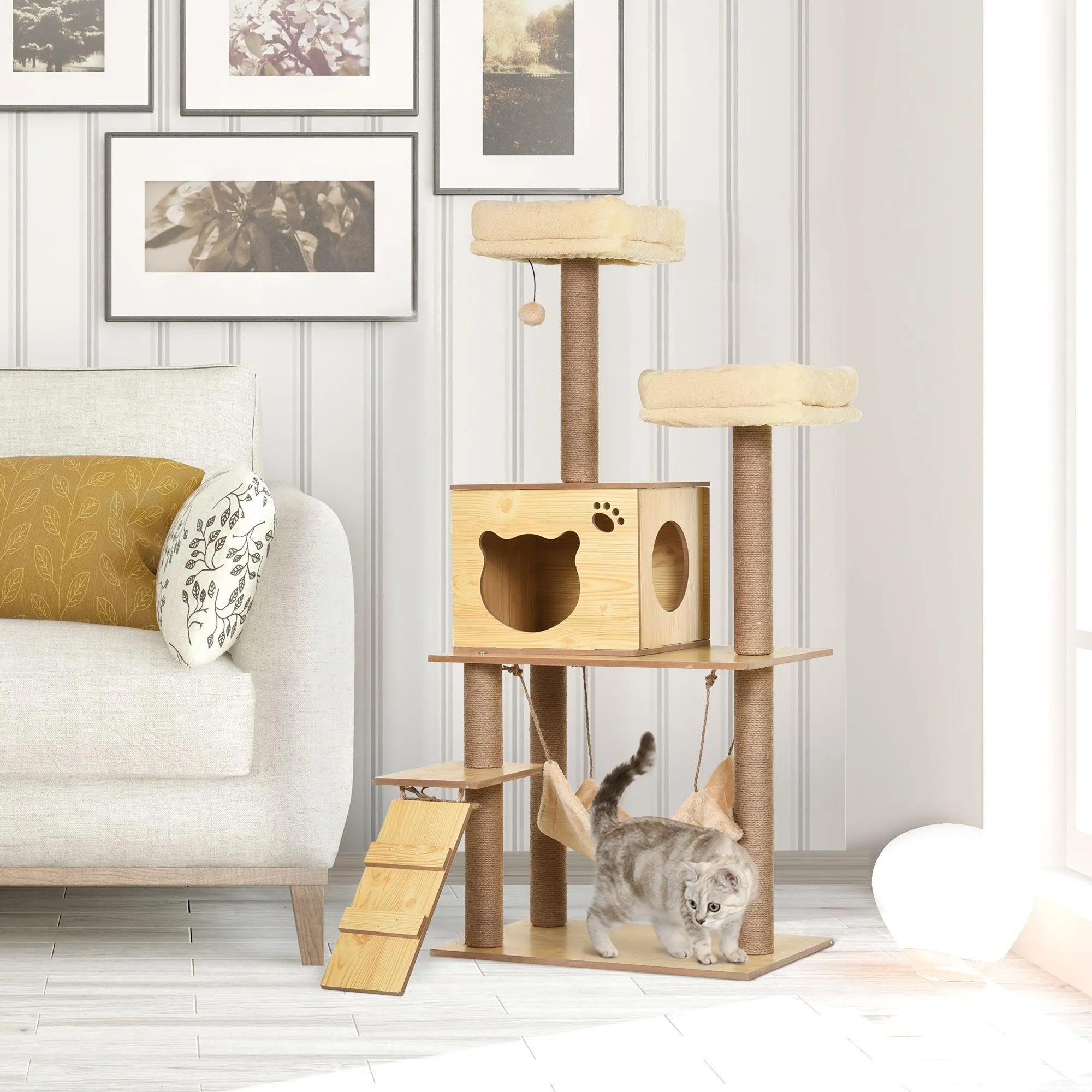 Multi-Level Cat Tree, Scratching Posts, Condo, Ball, 130cm - Yellow