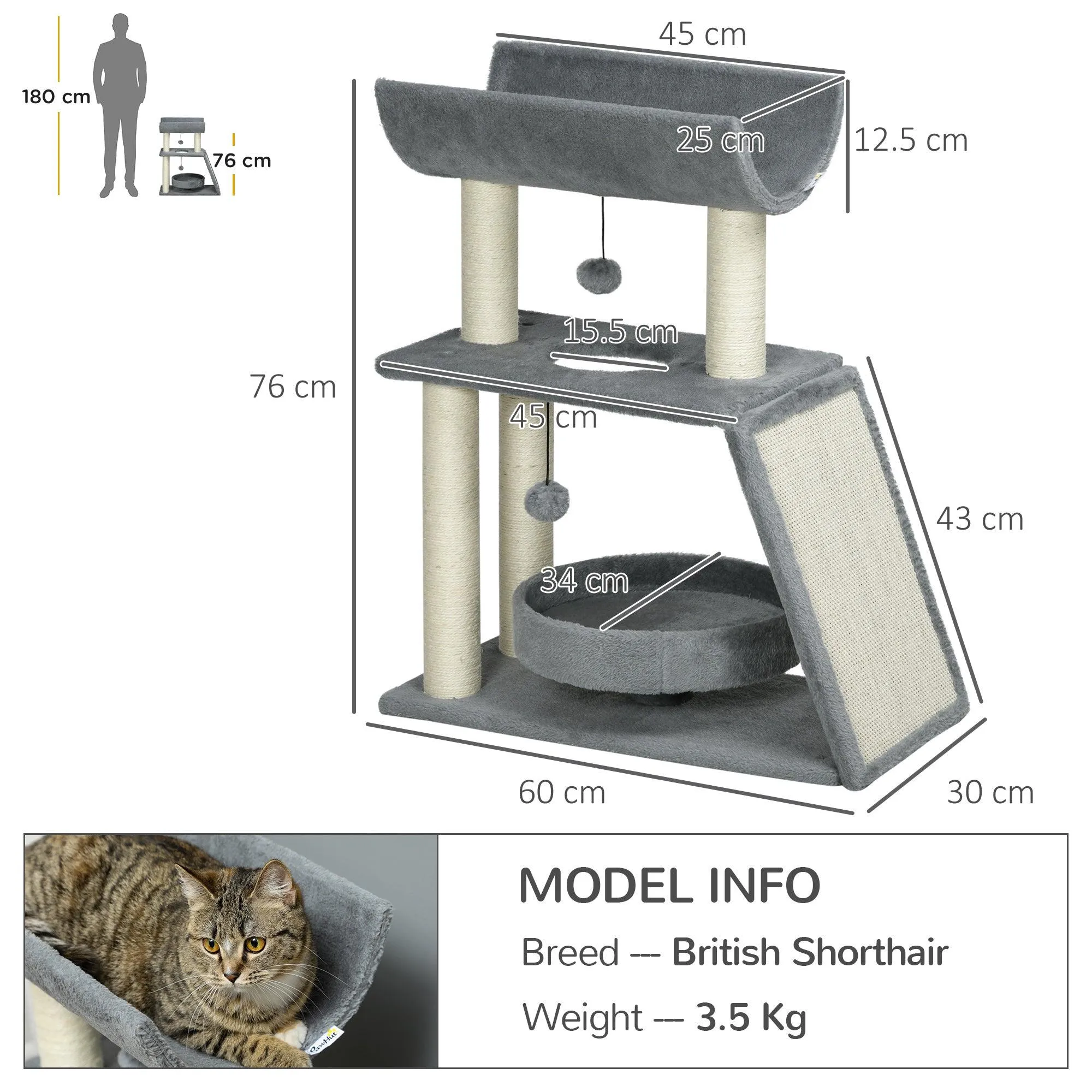 Multi-Level Cat Tree Tower w/ Bed, Perch, Toy Ball, 76cm - Grey