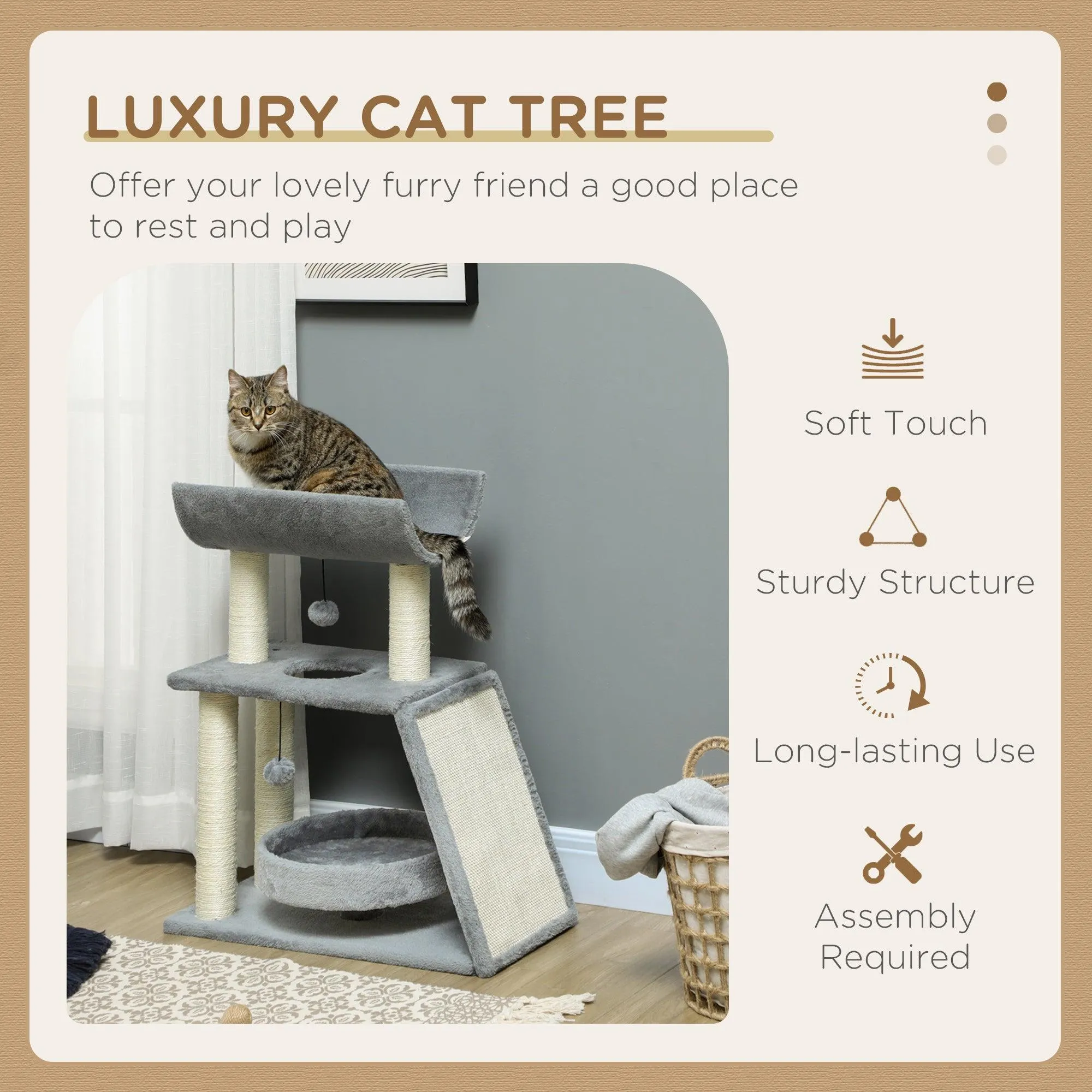 Multi-Level Cat Tree Tower w/ Bed, Perch, Toy Ball, 76cm - Grey