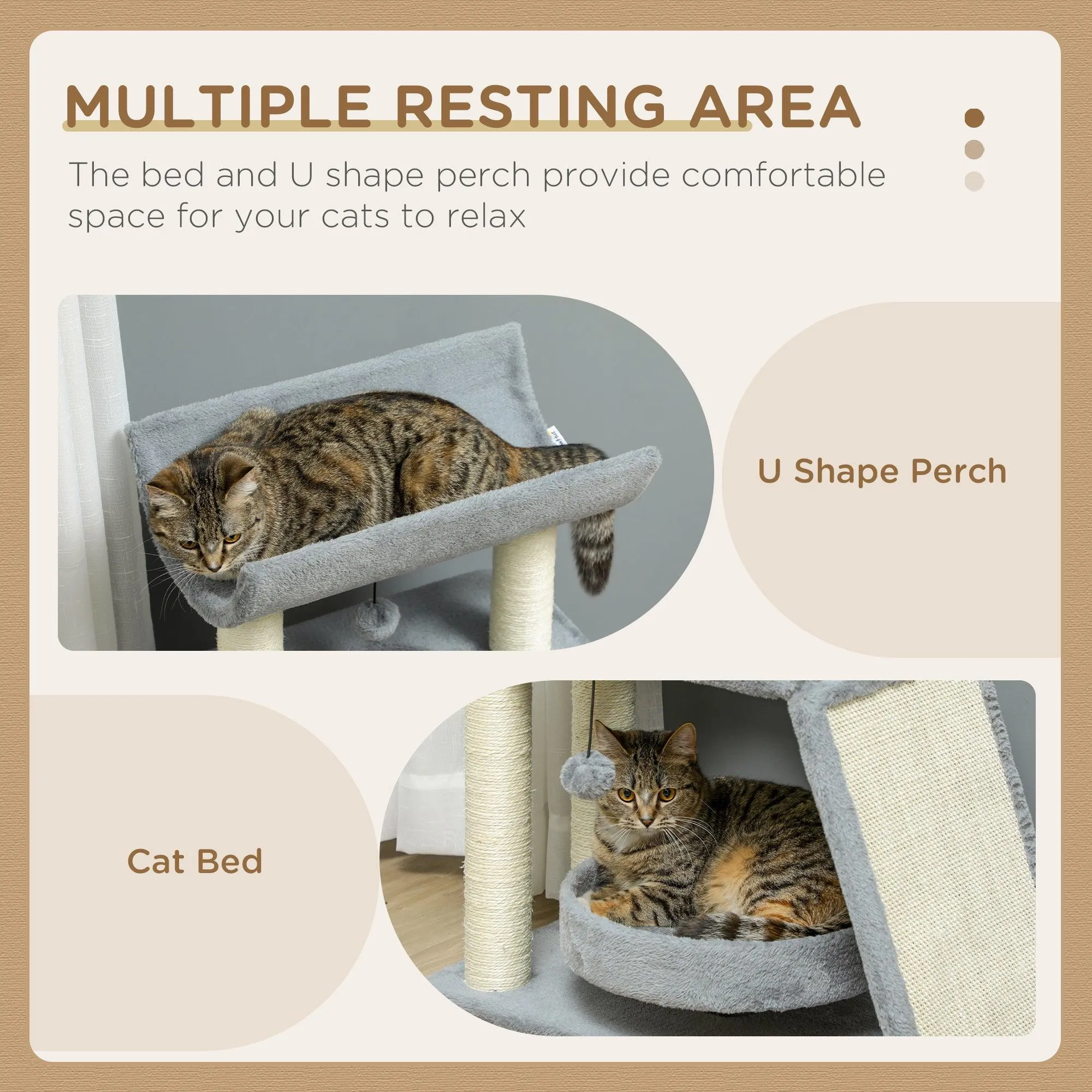 Multi-Level Cat Tree Tower w/ Bed, Perch, Toy Ball, 76cm - Grey