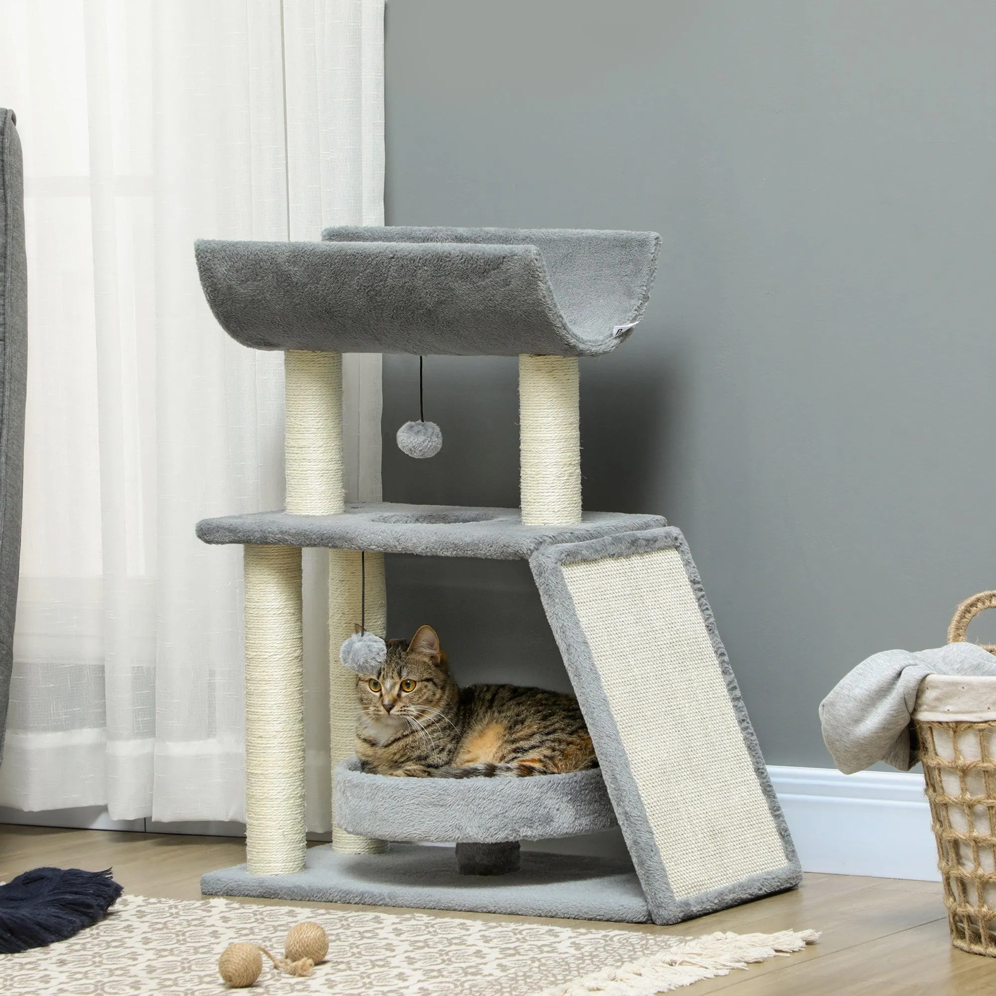 Multi-Level Cat Tree Tower w/ Bed, Perch, Toy Ball, 76cm - Grey