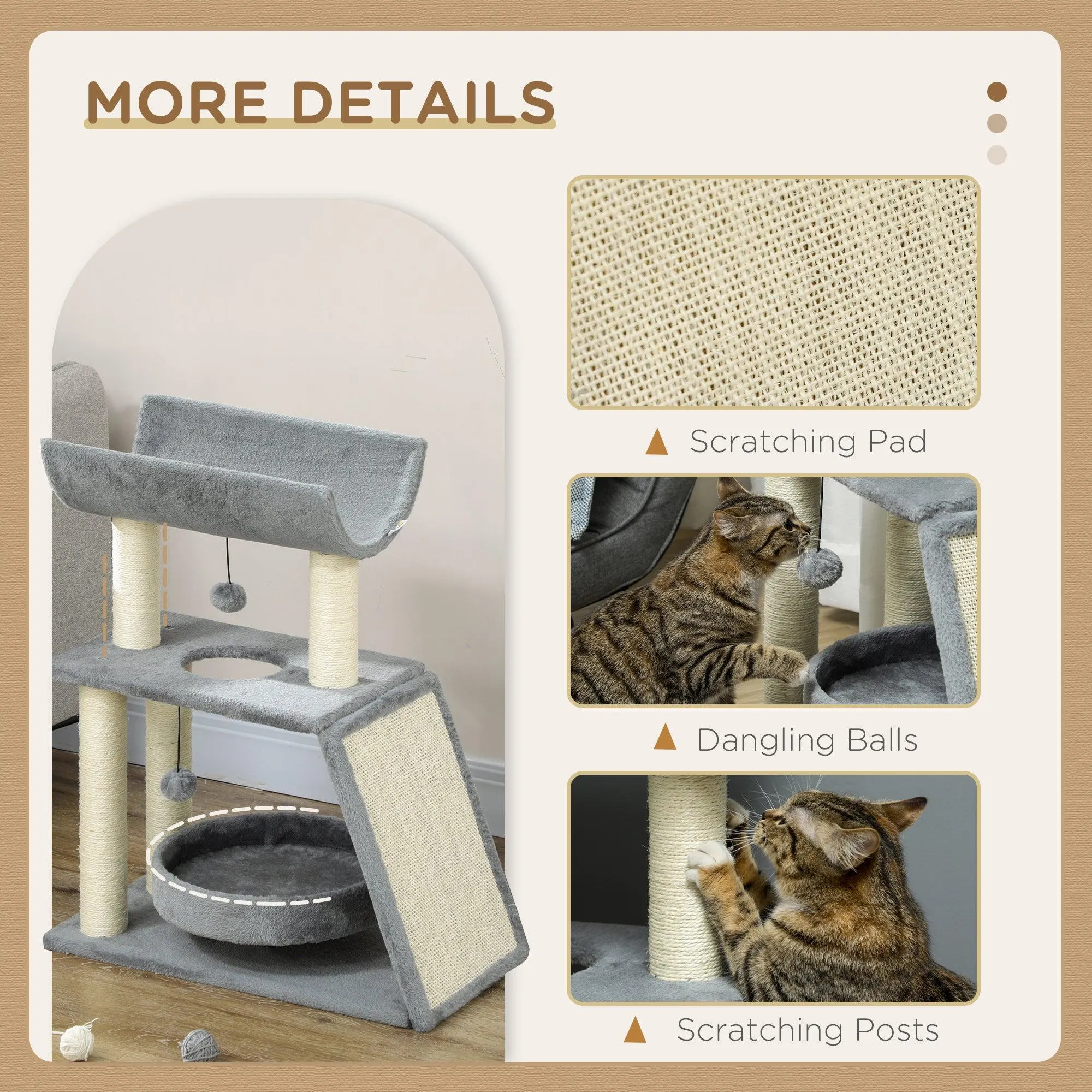 Multi-Level Cat Tree Tower w/ Bed, Perch, Toy Ball, 76cm - Grey