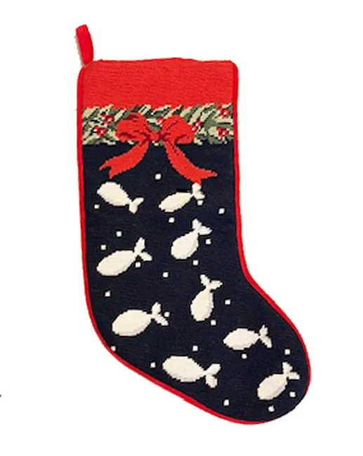 Needlepoint Navy Fish Christmas Stocking with Bow for Cats