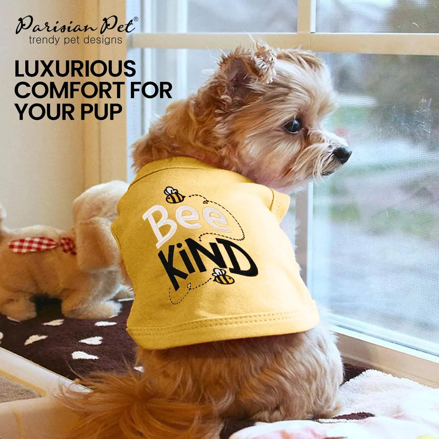 Parisian Pet Dog Tshirt - Embroidered Bee Kind Dogs Clothes - Lightweight Dog Tank Top - 100% Cotton, Sleeveless Doggy Tee Shirts - Machine Washable Shirts for Small Dogs - S