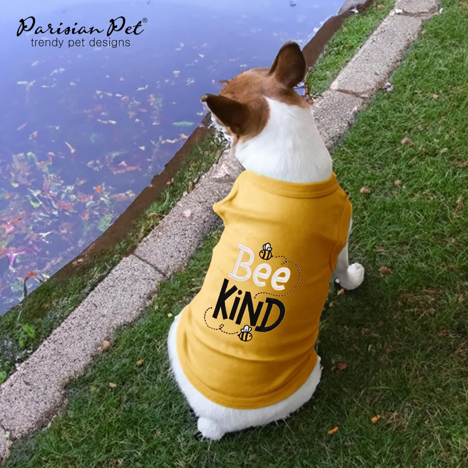 Parisian Pet Dog Tshirt - Embroidered Bee Kind Dogs Clothes - Lightweight Dog Tank Top - 100% Cotton, Sleeveless Doggy Tee Shirts - Machine Washable Shirts for Small Dogs - S