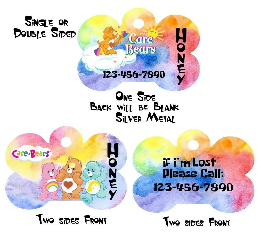 Pet ID Tag Care Bears Personalized Custom Double Sided Pet Tag w/name & number Petcollarshandmade