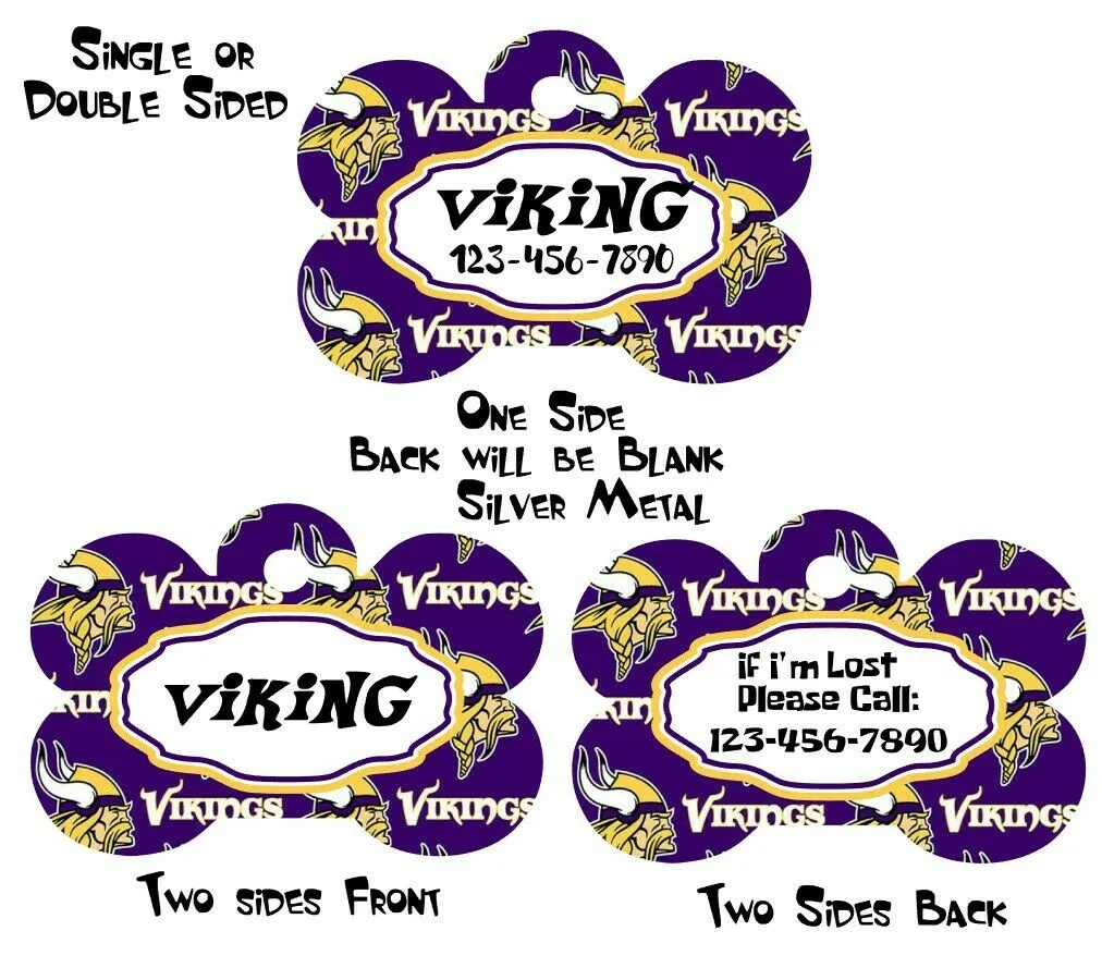 Pet ID Tag Vikings NFL Personalized Custom Double Sided Pet Tag w/name & number Petcollarshandmade