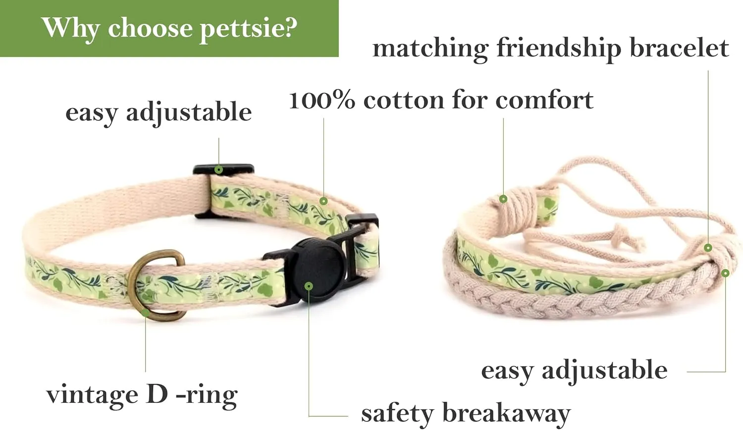 Pettsie Breakaway Cat Collar & Matching Friendship Bracelet  Adjustable, Soft Cotton Collar for Cats, Quick-Release Safety Buckle, Lightweight, Stylish, Designed for Cat Lovers, Green